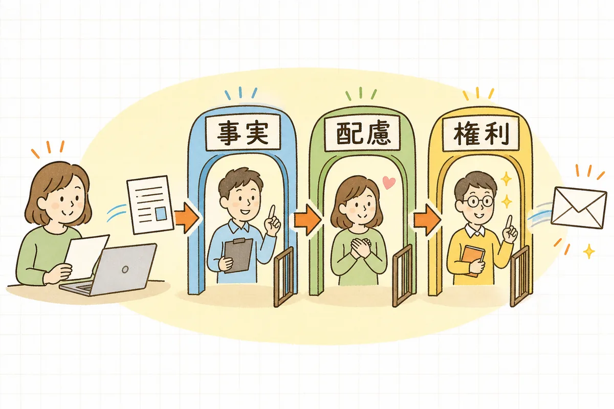 企業SNSの投稿を送信する前に見る3つの確認軸（事実・配慮・権利）を示した図