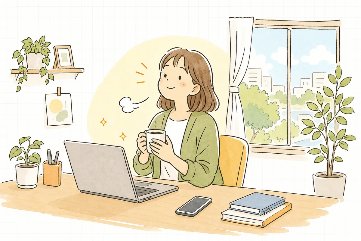 送信前の確認が習慣になり、迷いなく投稿ボタンを押して前向きに一息つく企業SNS担当者の情景