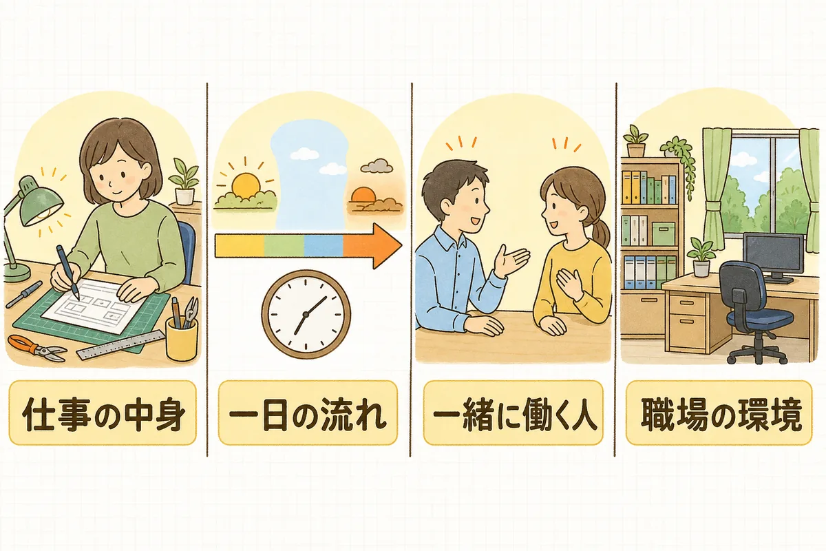 採用につながる投稿ネタの4つの引き出しを、仕事の中身・一日の流れ・一緒に働く人・職場の環境の順に並べた図