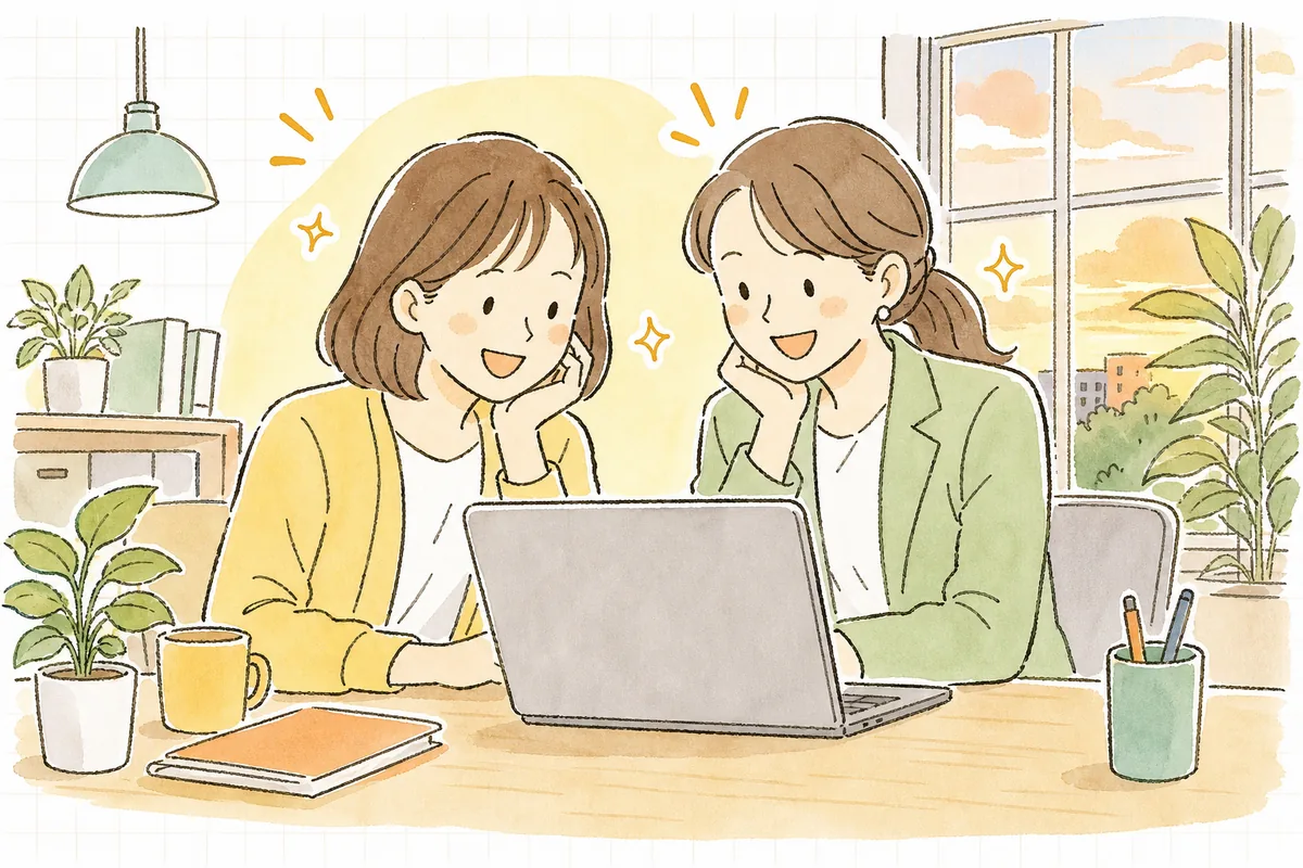 採用につながる投稿を無理なく続けられるようになった担当者が、人事の同僚と一緒に投稿内容を確認している前向きな情景