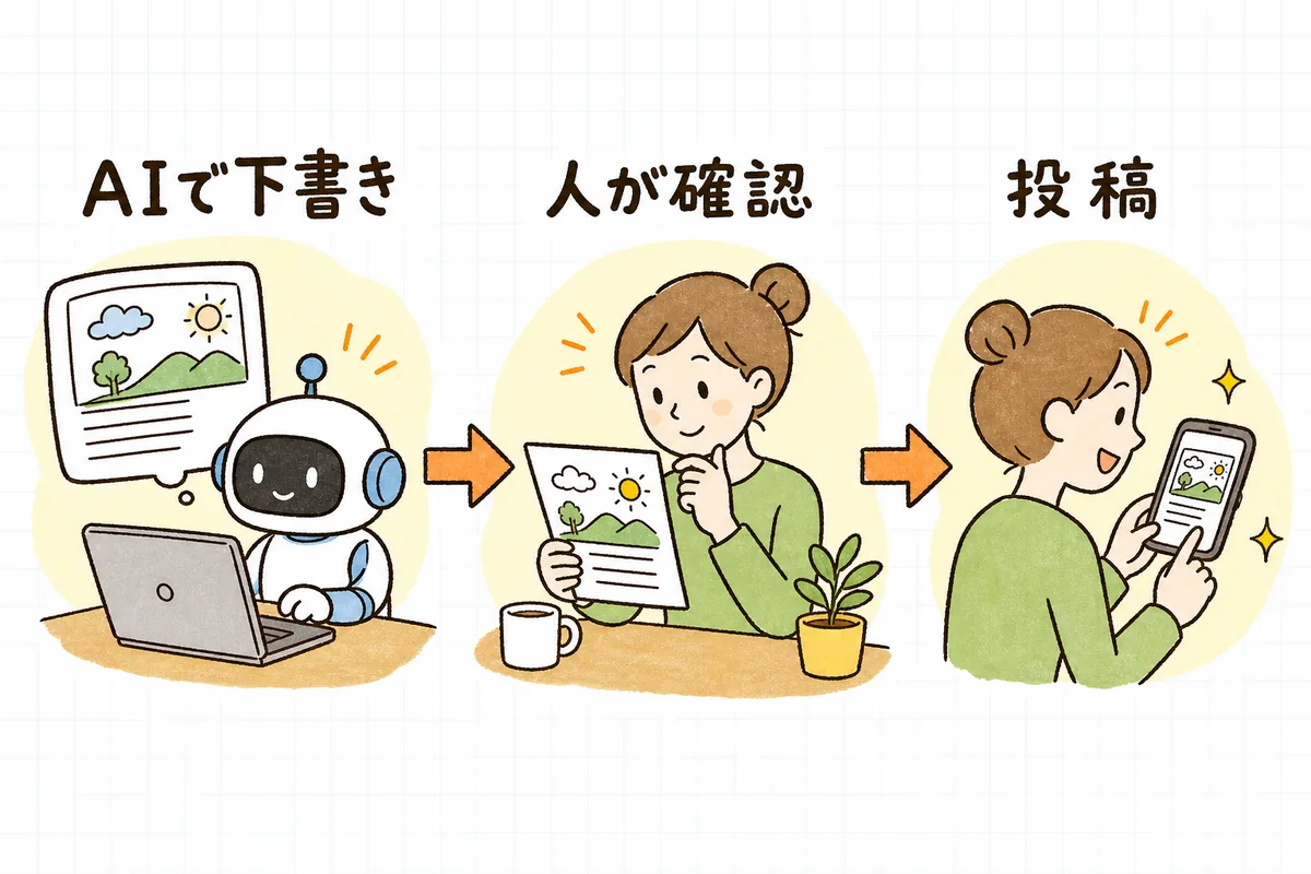 AIが下書きを作り、人が確認して直し、投稿する三段階の流れを示した図