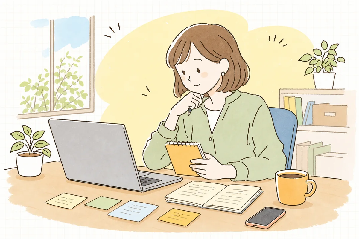 ノートパソコンの画面に映る文章の下書きを見ながら、自分の言葉で手直ししている企業SNS担当者の情景