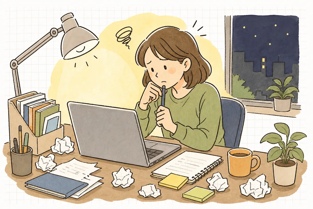 深夜のオフィスで謝罪文の下書き画面を前に、最初の一文をどう書くか迷って手を止めている企業SNS担当者の情景
