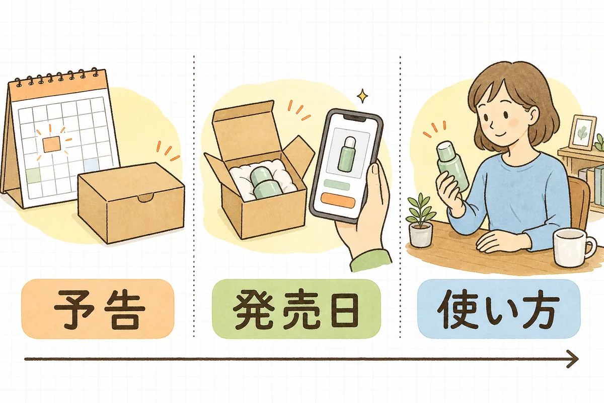 新商品の告知を予告・発売日・使い方の3つの時期に分けて並べた投稿設計の図