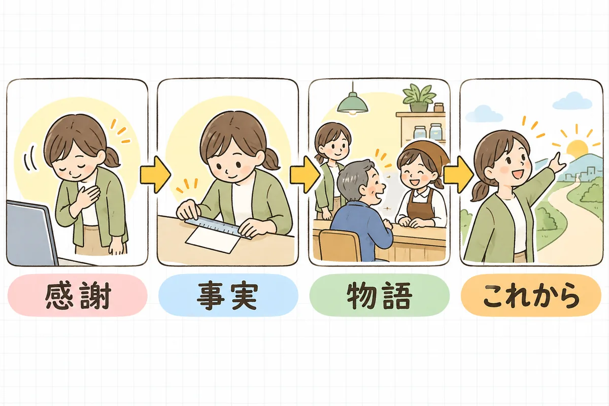報告投稿の組み立てを、左から「感謝」「事実」「物語」「これから」の4つの場面で示した図
