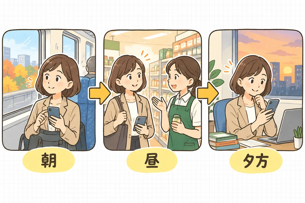 ネタのメモを残す1日3回のタイミングを、左から「朝」「昼」「夕方」の3つの場面で示した図