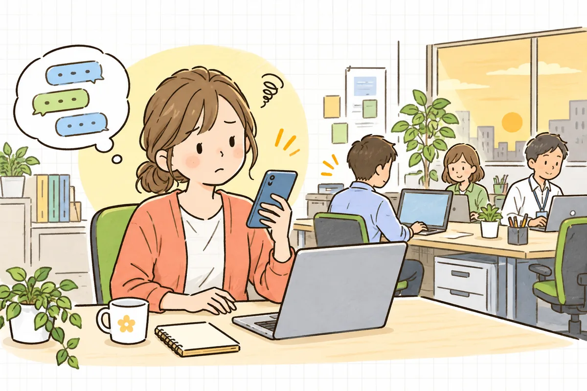 夕方のオフィスで、企業SNS担当者がスマートフォンに届いたメッセージを見ながら「これは誰に渡せばいいんだろう」と少し考えている情景