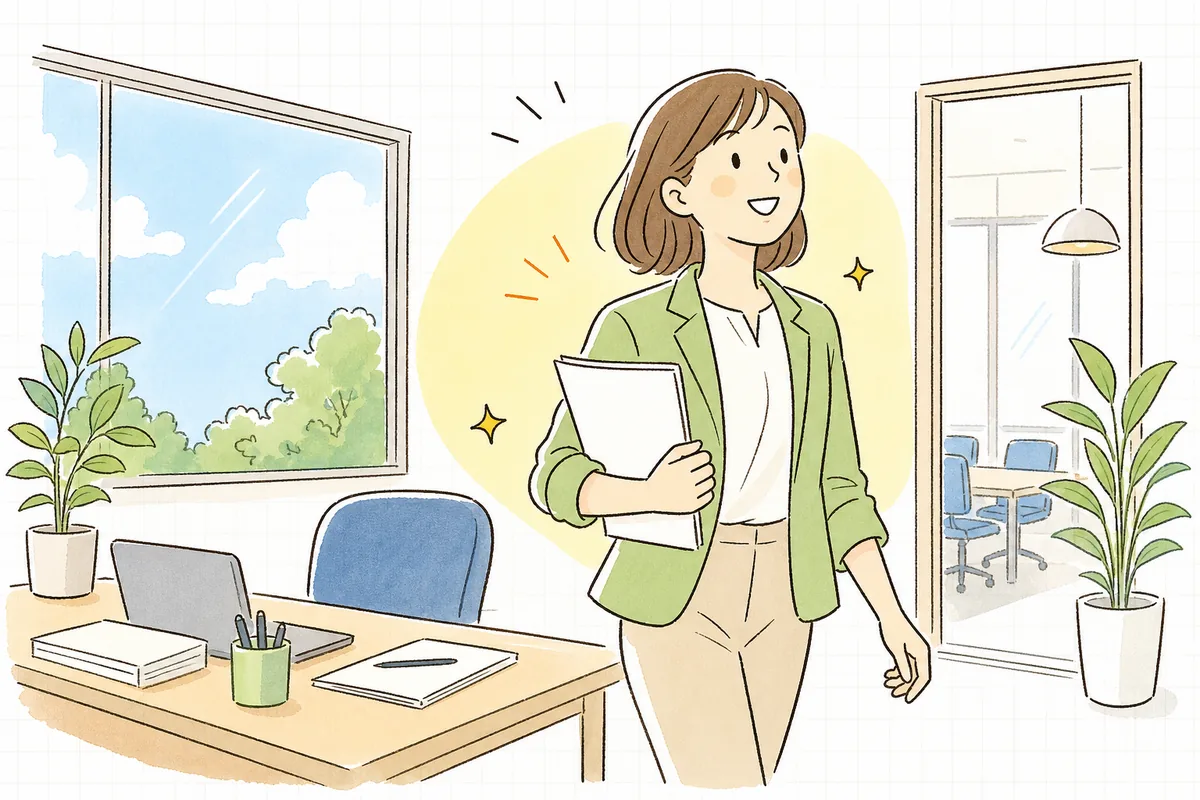 予算の資料をまとめ終えて、晴れやかな表情で会議に向かおうとしている企業SNS担当者の明るい情景