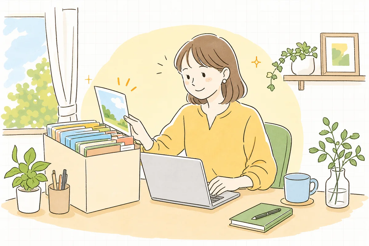 名前で目的の素材をすぐ見つけられるようになり、落ち着いた表情で投稿作業を進める企業SNS担当者の情景