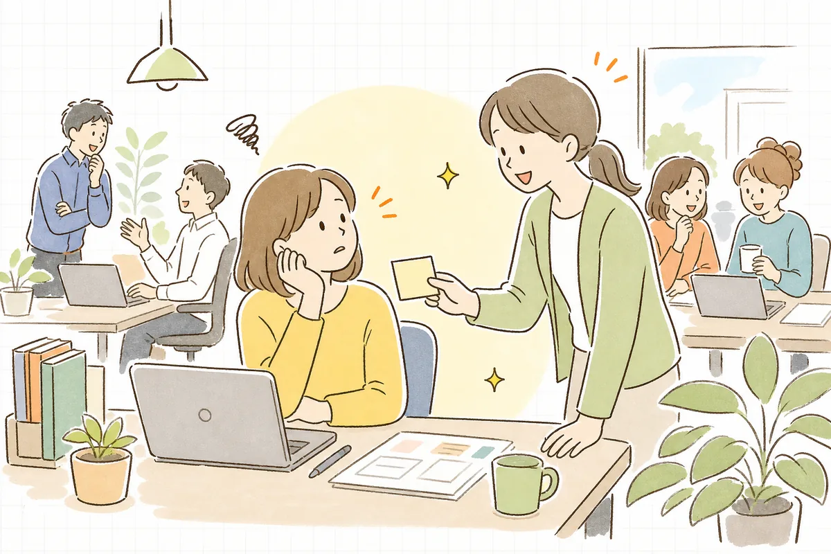 SNS担当者がひとりでネタを抱えて悩んでいたところに、別の部署の人がネタのメモを手渡しに来て表情がやわらぐ情景