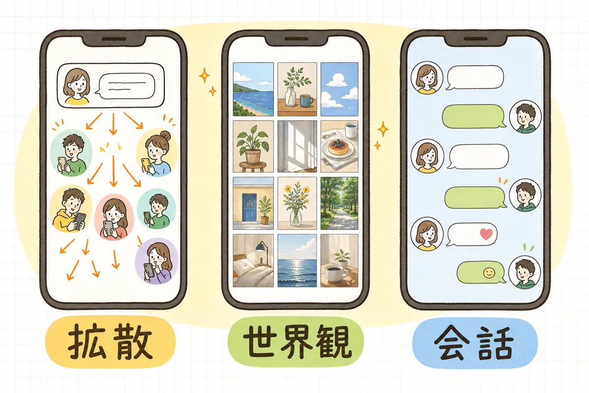 X・Instagram・Threadsの3つが「拡散」「世界観」「会話」という違う持ち味を持つことを示す概念図