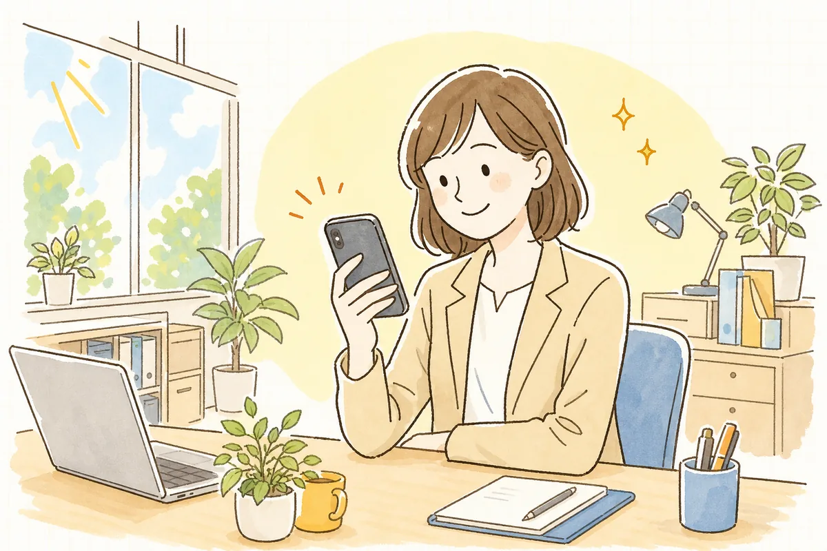 スマホでThreadsの気軽な投稿に返ってきた反応を見て、肩の力を抜いてやわらかく微笑む企業SNS担当者の情景