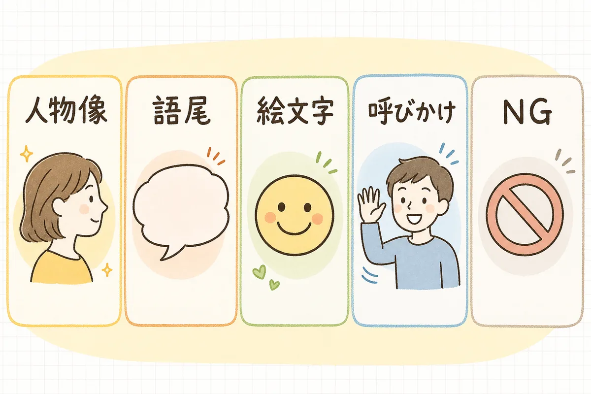 トーン&マナーガイドに入れる「人物像・語尾・絵文字・呼びかけ・NG」の5項目を1枚のシートに並べた概念図