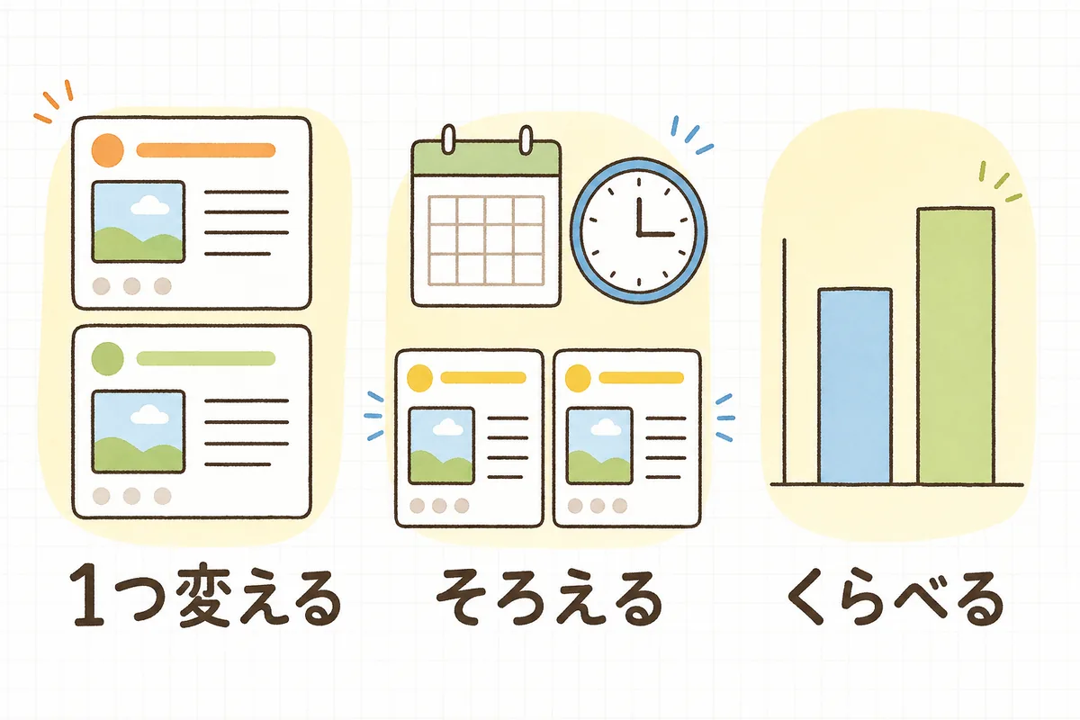 投稿テストの3つの手順（1つ変える・そろえる・くらべる）を左から順に並べて示した図