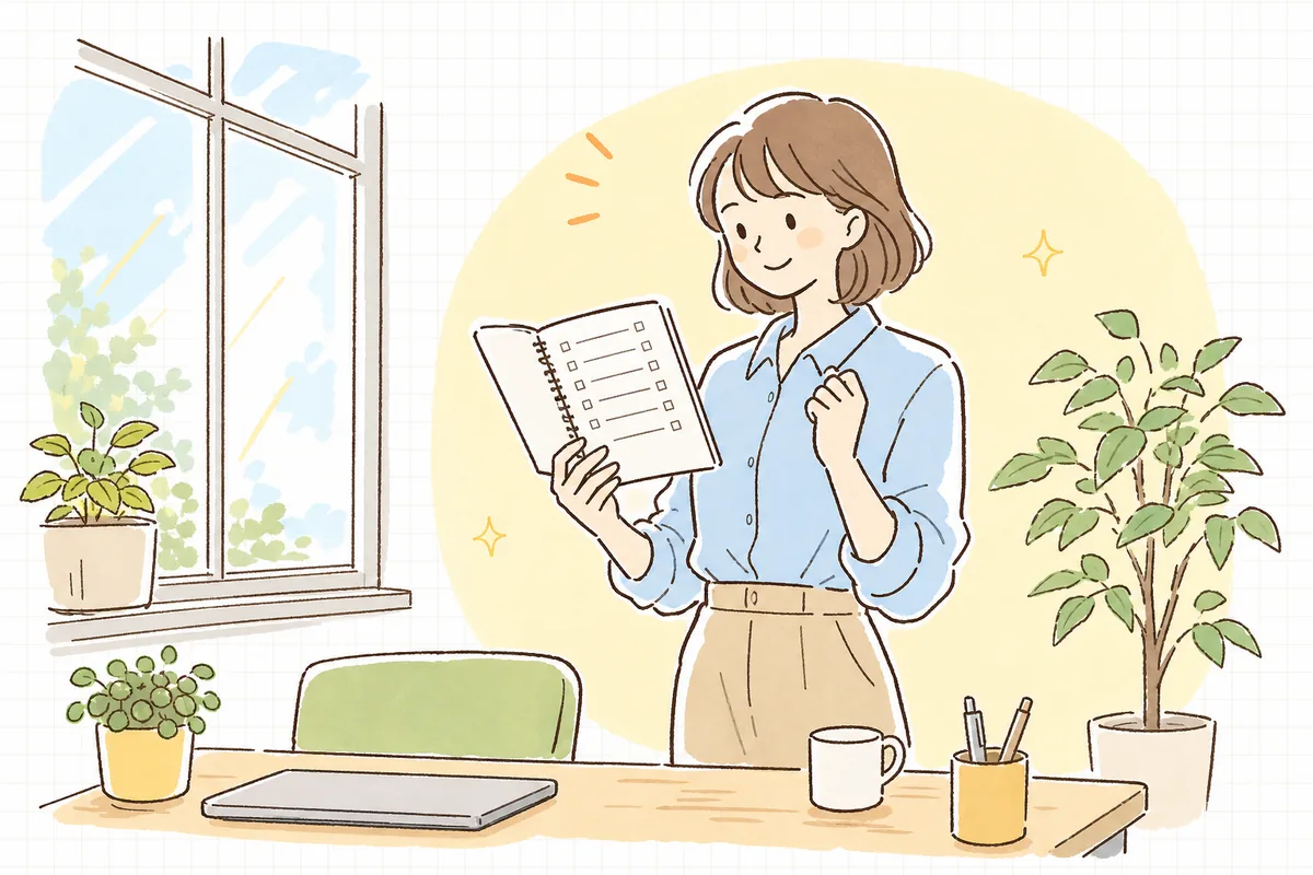 3週間分の記録をノートで確認し、次に試すことが決まってすっきりした表情の企業SNS担当者の明るい情景
