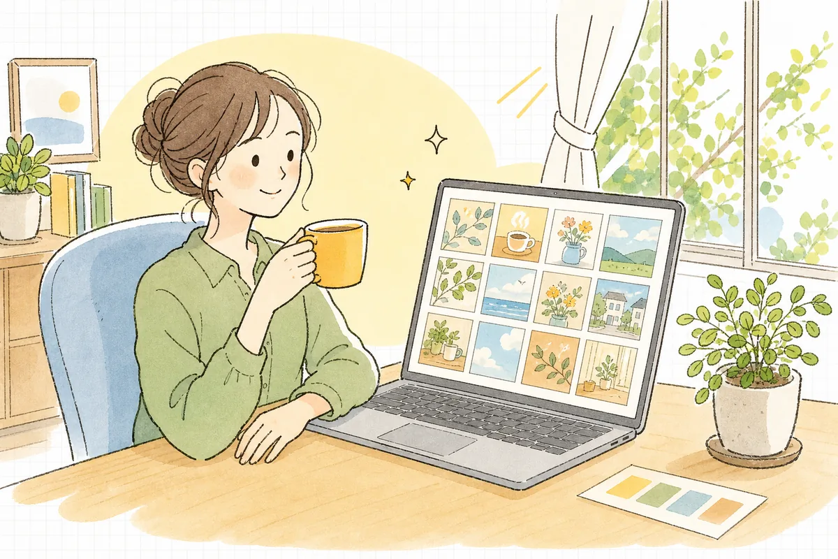 そろったデザインの投稿画像が画面いっぱいに並び、満足そうに眺めている企業SNS担当者の明るい情景