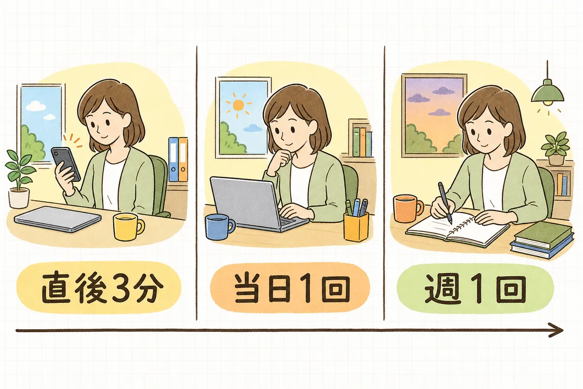 投稿後にやることを直後3分・当日1回・週1回の3つのタイミングに分けて並べた図