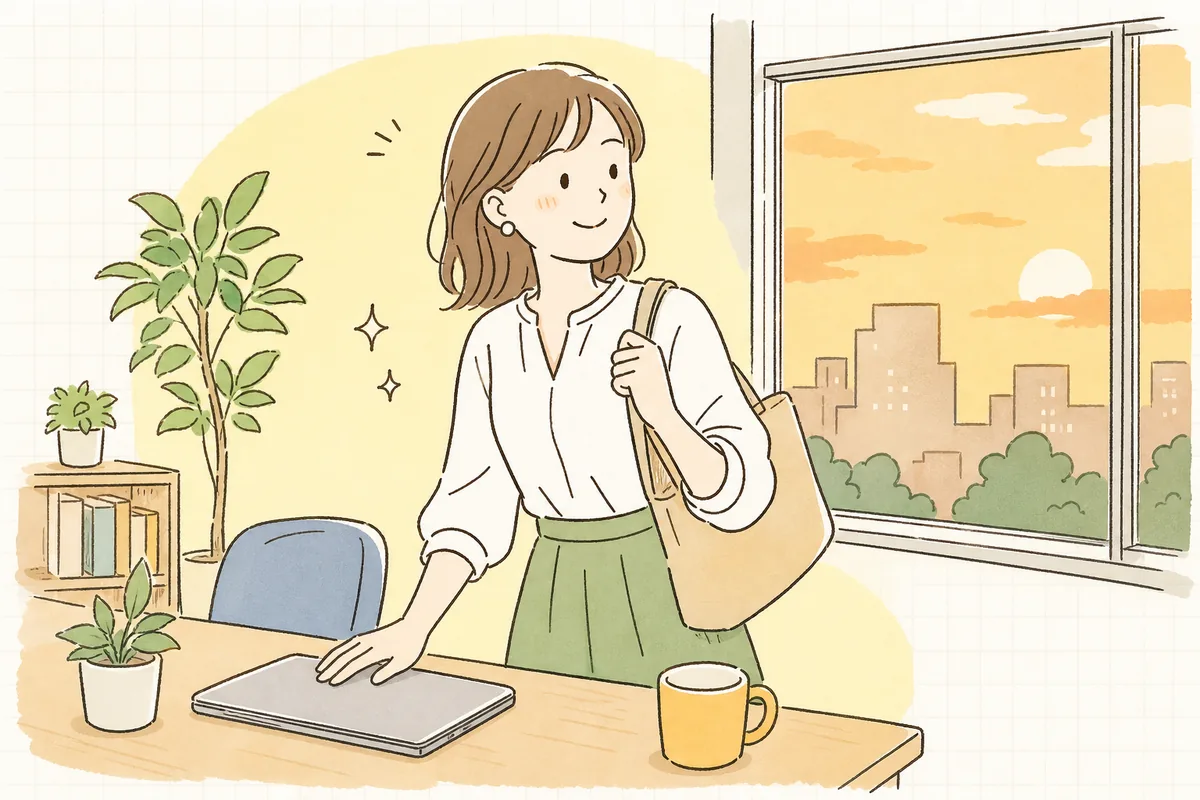 投稿後の確認を終えてノートパソコンを閉じ、肩の力を抜いて席を立とうとしている企業SNS担当者の情景