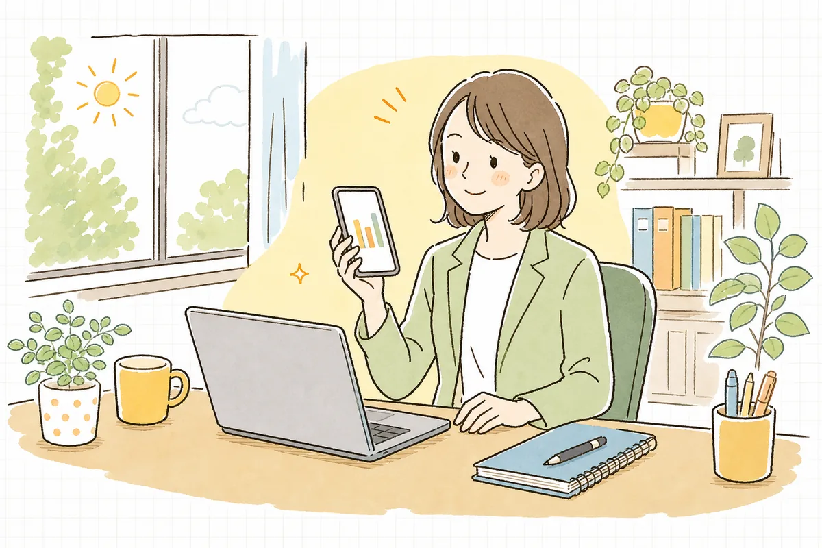 早朝のデスクでスマートフォンのアナリティクス画面をやわらかい表情で見ながら、今日の投稿時間を考えている企業SNS担当者の情景