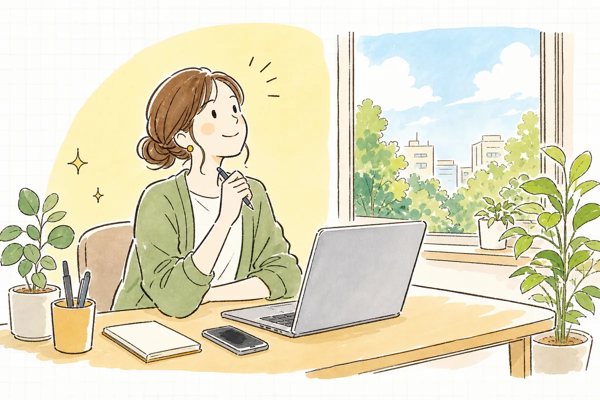 分析画面を確認し終えて、納得した表情で顔を上げ、明るい窓の外を見て前向きに一息つく企業SNS担当者の情景