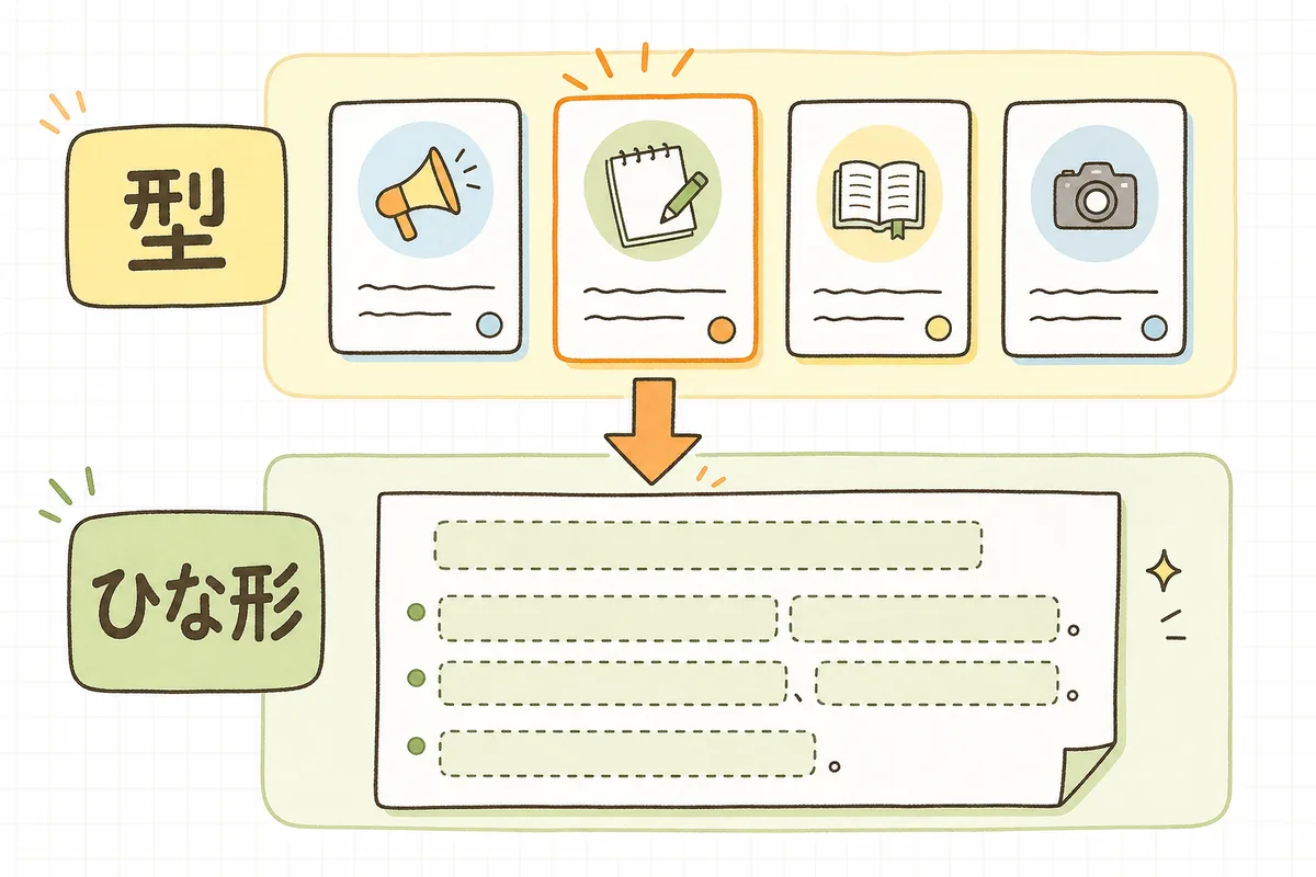 投稿テンプレートが「型(どんな投稿か)」と「ひな形(穴埋めの文章)」の二段構えになっていることを示した概念図