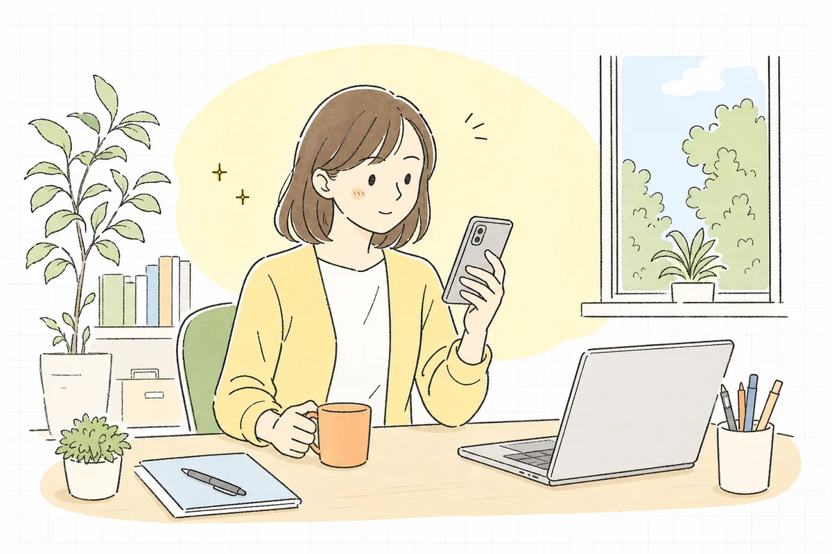 朝のオフィスでスマートフォンのトレンド一覧を見ながら、自社も投稿に乗るべきか迷っている企業SNS担当者の情景