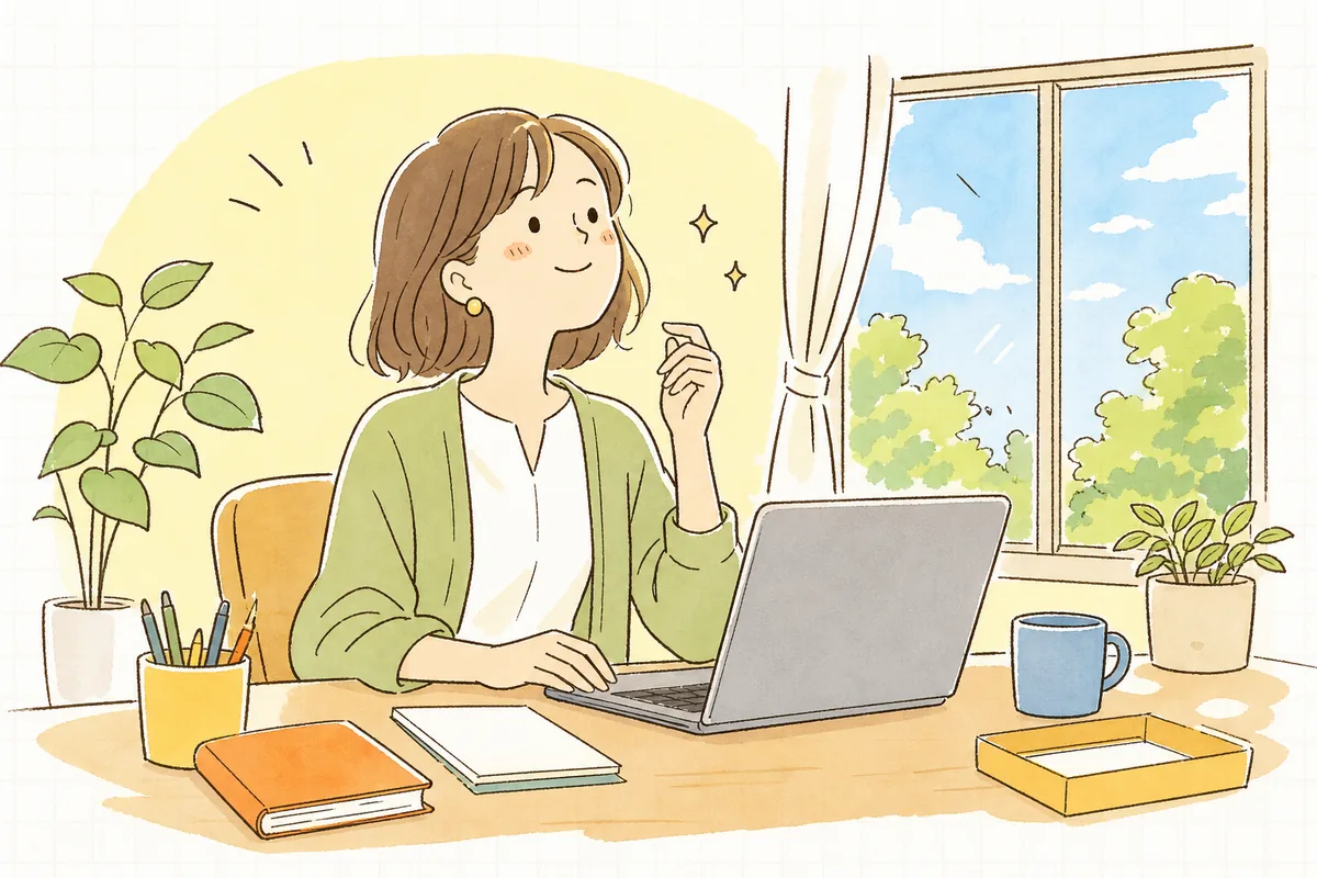 トレンドに乗るかどうかの判断を落ち着いて決められるようになり、前向きに次の仕事へ向かう企業SNS担当者の情景