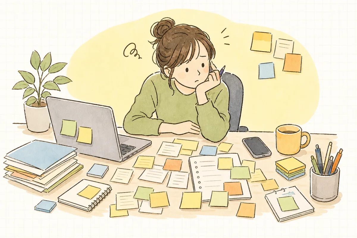 たくさんの付箋やタスクに囲まれた机で、どの作業を手放すか静かに考える企業SNS担当者の情景