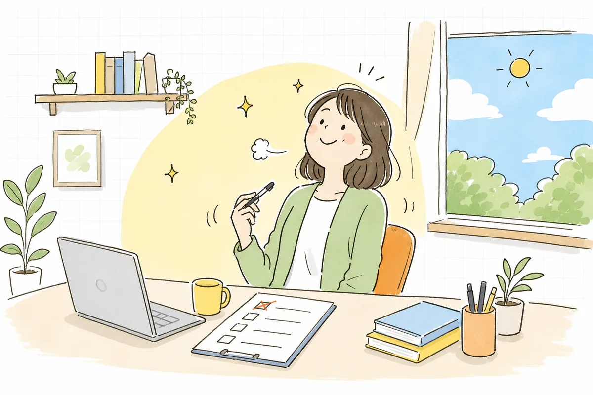 やることを1つ手放し、肩の力が抜けて前を向く企業SNS担当者の明るい情景