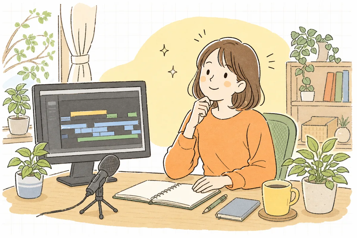 パソコンで動画編集の画面を開きながら、YouTubeをどう続けていくか考えている企業SNS担当者の情景
